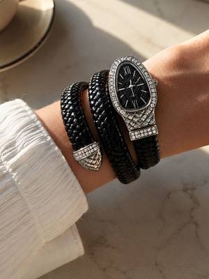 silver finish ad studded faux leather black watch 1