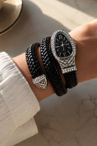 silver finish ad studded faux leather black watch