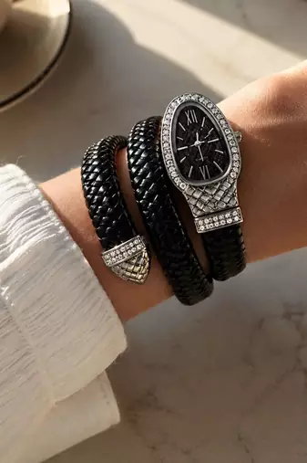 silver finish ad studded faux leather black watch
