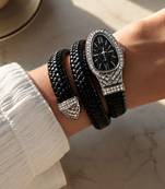 silver finish ad studded faux leather black watch