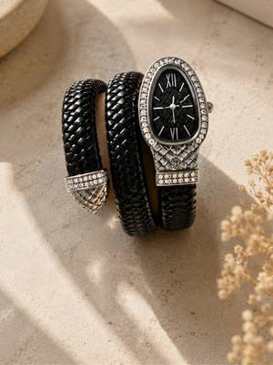 silver finish ad studded faux leather black watch 2