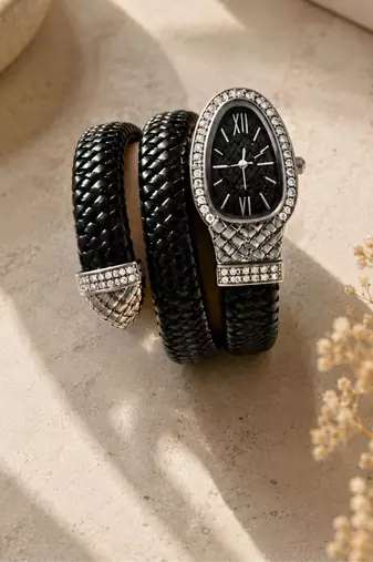 silver finish ad studded faux leather black watch