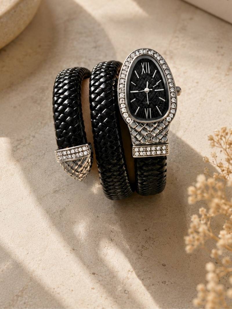 silver finish ad studded faux leather black watch