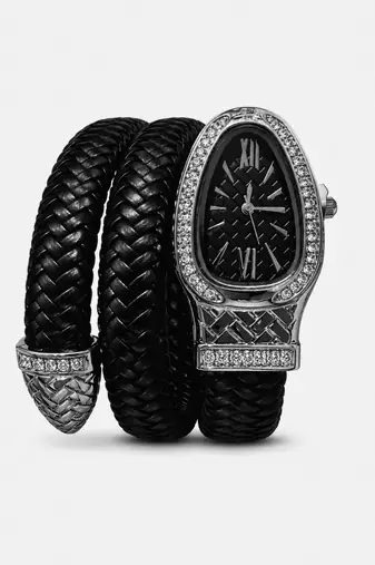 silver finish ad studded faux leather black watch