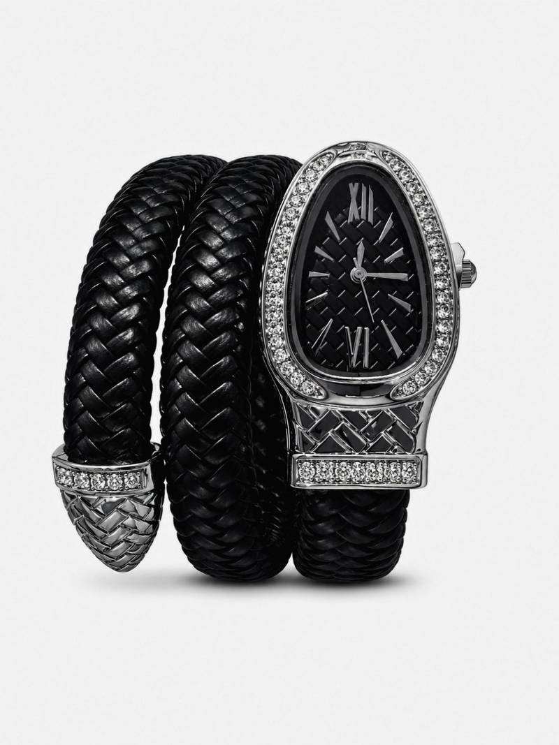 silver finish ad studded faux leather black watch