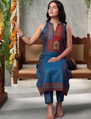 Women Ethnic Motifs Printed Regular Chanderi Silk Kurta with Trousers 2