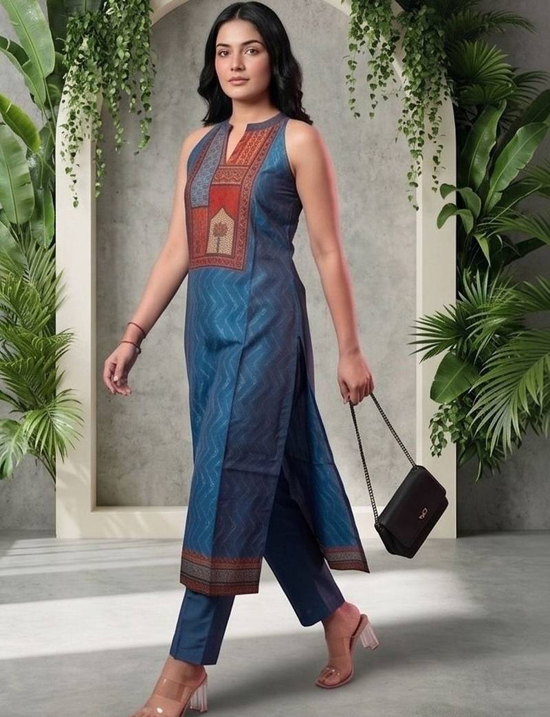 Women Ethnic Motifs Printed Regular Chanderi Silk Kurta with Trousers