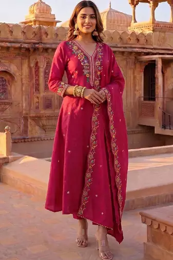 Women Floral Embroidered Regular Thread Work Kurta with Trousers & With Dupatta