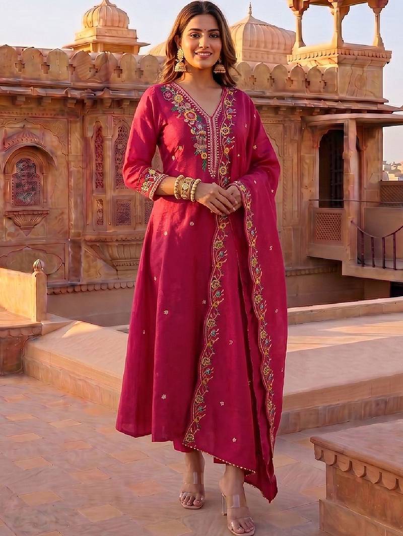 Women Floral Embroidered Regular Thread Work Kurta with Trousers & With Dupatta