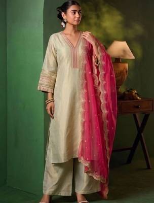Women Ethnic Motifs Embroidered Regular Thread Work Kurta with Palazzos & With Dupatta 1