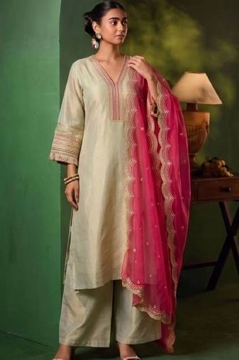 Women Ethnic Motifs Embroidered Regular Thread Work Kurta with Palazzos & With Dupatta