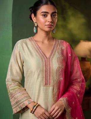 Women Ethnic Motifs Embroidered Regular Thread Work Kurta with Palazzos & With Dupatta 5