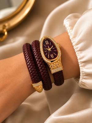 gold plated ad studded brown faux leather watch 1