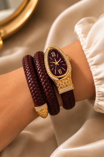 gold plated ad studded brown faux leather watch