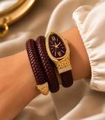 gold plated ad studded brown faux leather watch