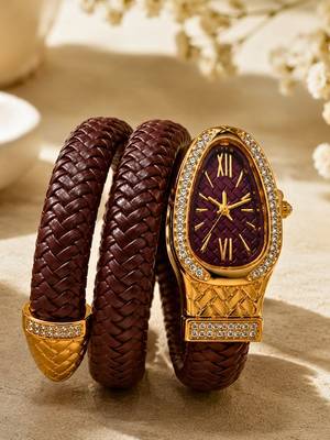 gold plated ad studded brown faux leather watch 2