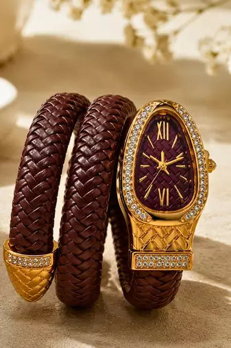 gold plated ad studded brown faux leather watch
