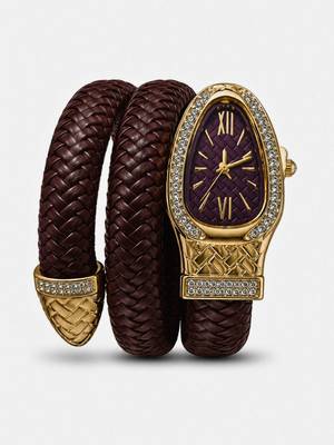 gold plated ad studded brown faux leather watch 3