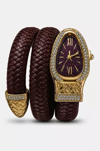 gold plated ad studded brown faux leather watch