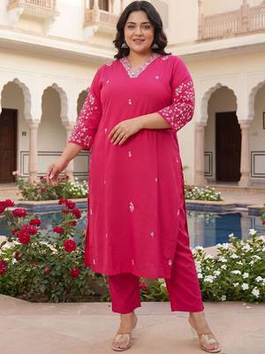 Plus Size Pink Embroidered Straight Kurta Trousers Set 1