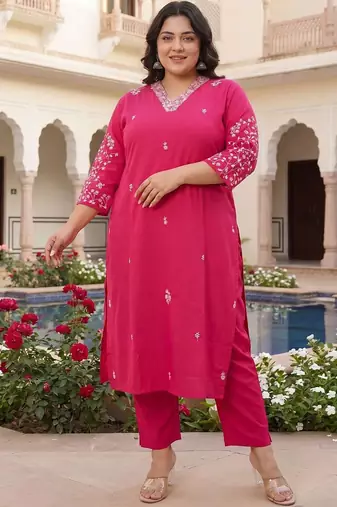 Plus Size Pink Embroidered Straight Kurta Trousers Set