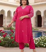 Plus Size Pink Embroidered Straight Kurta Trousers Set
