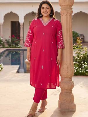 Plus Size Pink Embroidered Straight Kurta Trousers Set 2