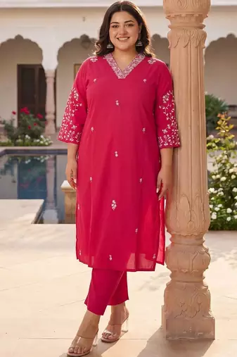 Plus Size Pink Embroidered Straight Kurta Trousers Set