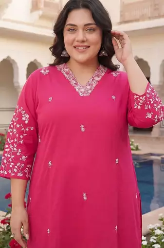 Plus Size Pink Embroidered Straight Kurta Trousers Set