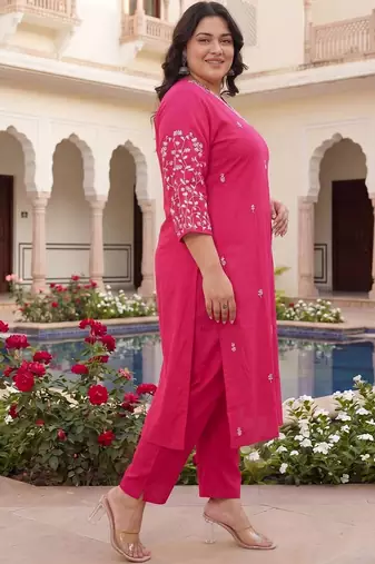 Plus Size Pink Embroidered Straight Kurta Trousers Set