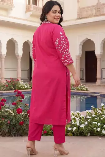 Plus Size Pink Embroidered Straight Kurta Trousers Set