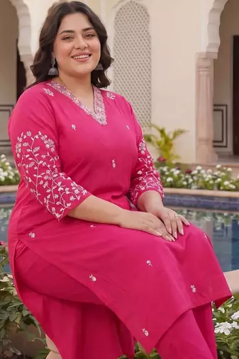 Plus Size Pink Embroidered Straight Kurta Trousers Set