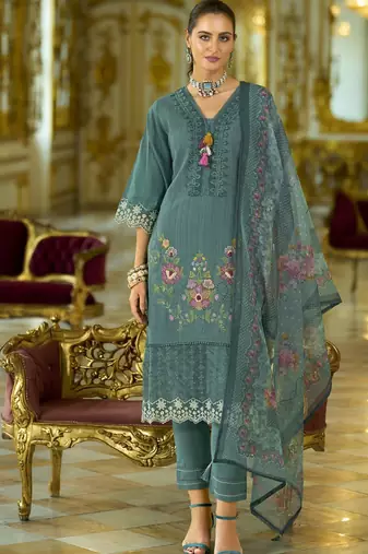 Floral Embroidered V-Neck Thread Work  Cotton Kurta With Trousers And Dupatta