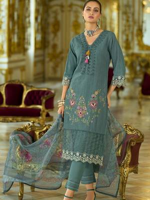 Floral Embroidered V-Neck Thread Work  Cotton Kurta With Trousers And Dupatta 4