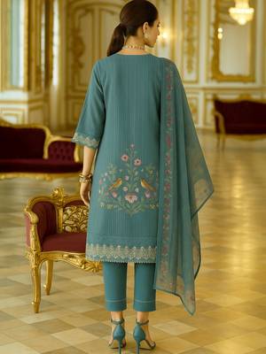 Floral Embroidered V-Neck Thread Work  Cotton Kurta With Trousers And Dupatta 5