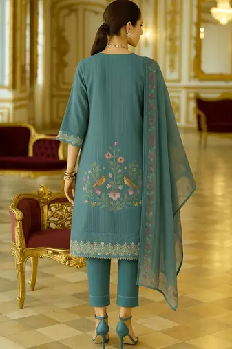 Floral Embroidered V-Neck Thread Work  Cotton Kurta With Trousers And Dupatta
