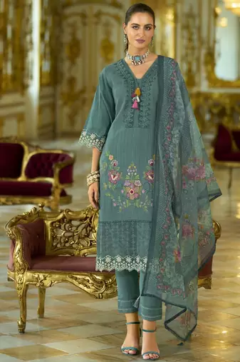 Floral Embroidered V-Neck Thread Work  Cotton Kurta With Trousers And Dupatta