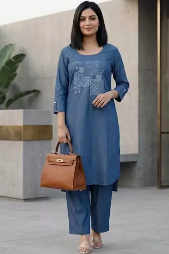 Women Embroidered Regular Thread Work Kurta with Trousers