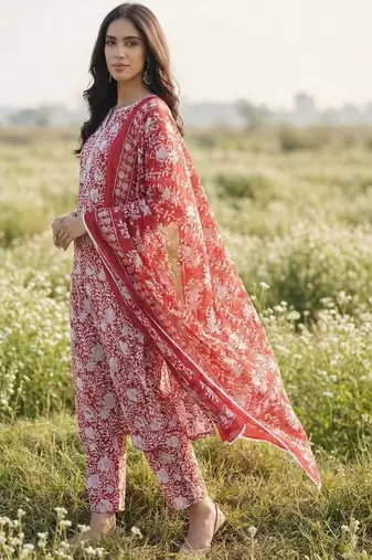 Women Floral Printed Regular Kurta with Trousers & With Dupatta