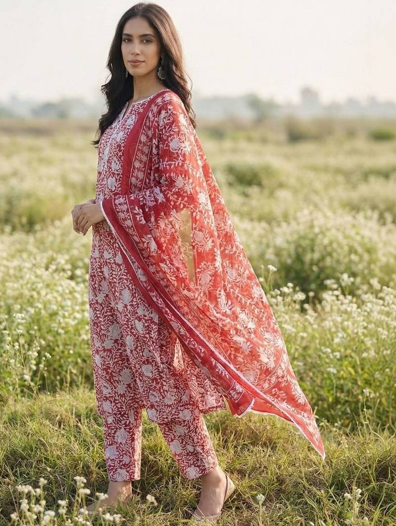 Women Floral Printed Regular Kurta with Trousers & With Dupatta