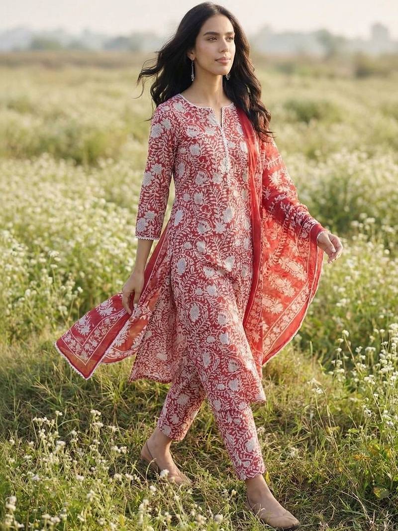 Women Floral Printed Regular Kurta with Trousers & With Dupatta