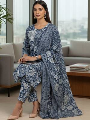 Women Floral Printed Regular  Cotton Kurta with Trousers & Dupatta 2