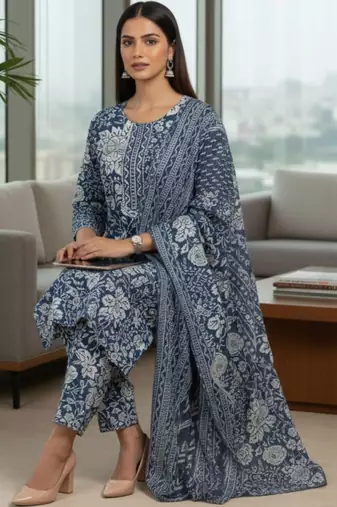 Women Floral Printed Regular  Cotton Kurta with Trousers & Dupatta