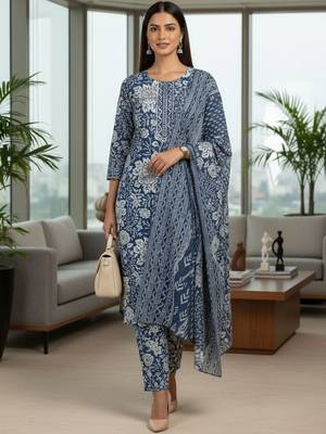 Women Floral Printed Regular  Cotton Kurta with Trousers & Dupatta 5