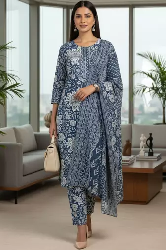 Women Floral Printed Regular  Cotton Kurta with Trousers & Dupatta
