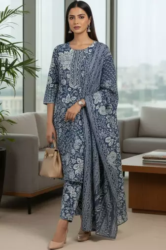 Women Floral Printed Regular  Cotton Kurta with Trousers & Dupatta