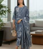 Women Floral Printed Regular  Cotton Kurta with Trousers & Dupatta
