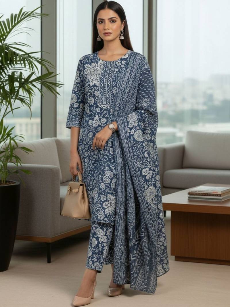 Women Floral Printed Regular  Cotton Kurta with Trousers & Dupatta