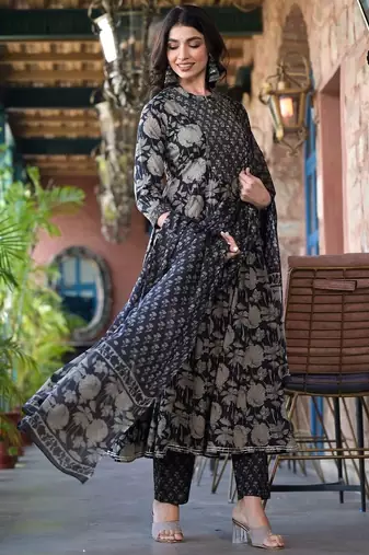 Women Floral Printed Panelled Mirror Work Kurta with Trousers & With Dupatta