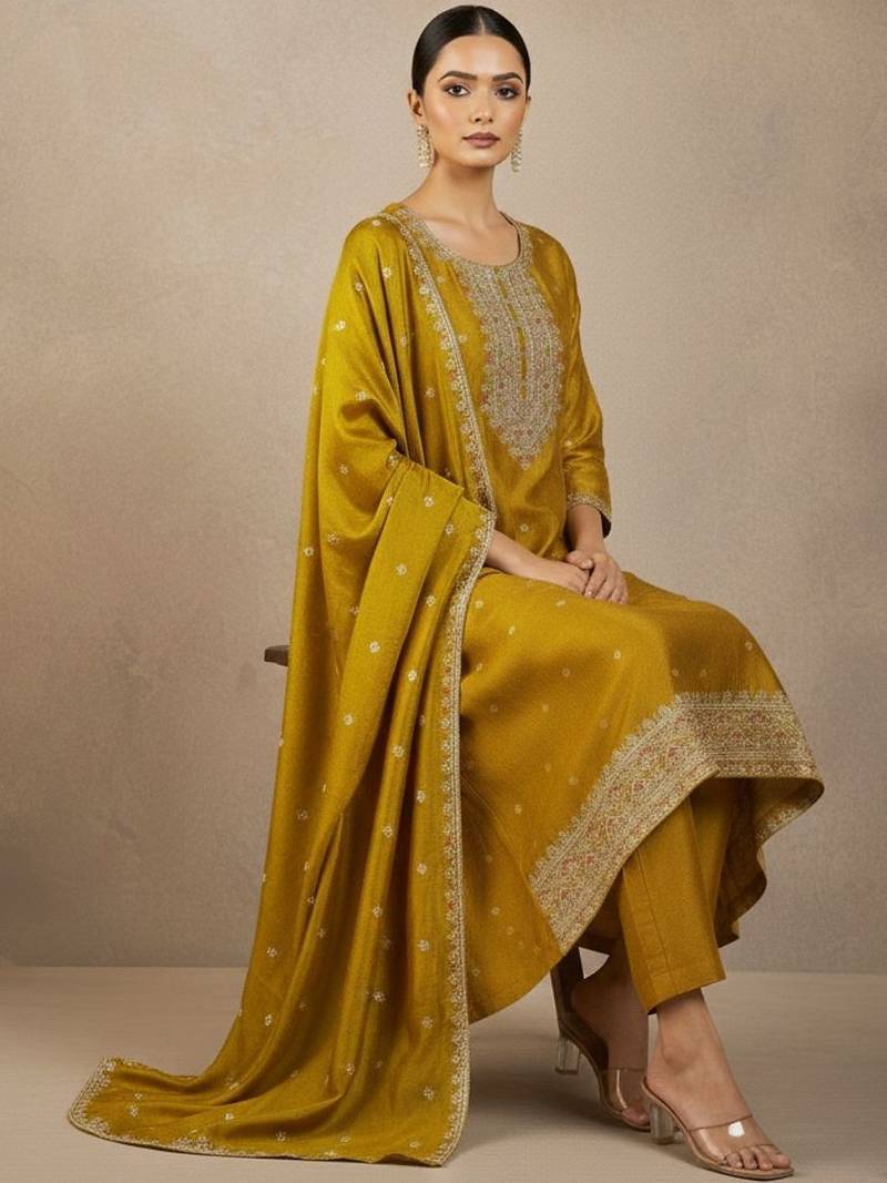 Women Ethnic Motifs Embroidered Regular Thread Work Kurta with Trousers & With Dupatta